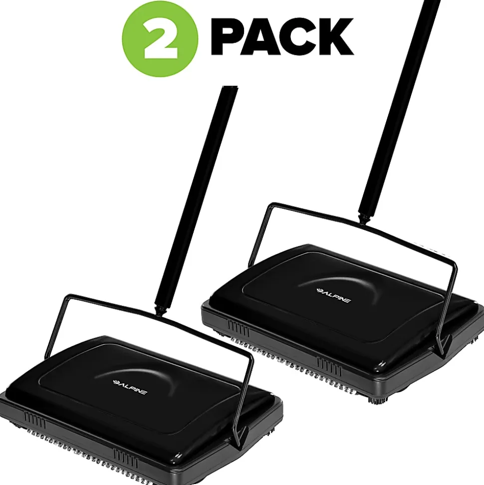 Alpine Manual Triple Brush Floor And Carpet Sweepers, Black, Pack Of 2 Sweepers