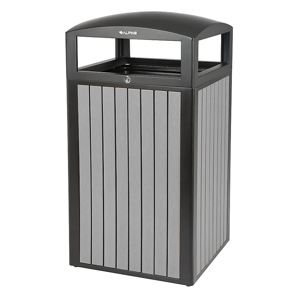 Alpine Slatted Plastic Panel Outdoor Trash Can, 40 Gallon, 40-15/16”H x 21-5/16”W x 21-5/16”D, Gray