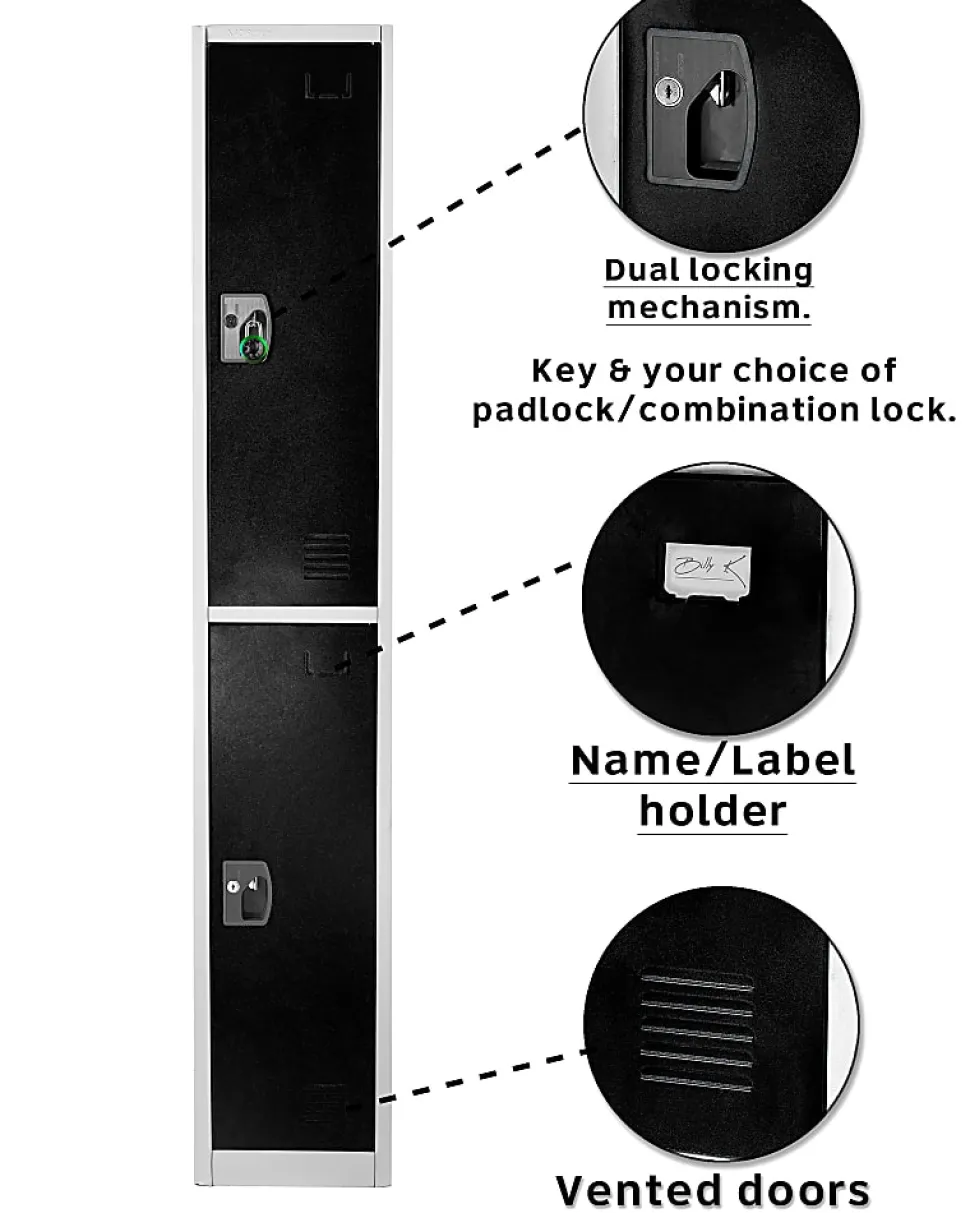 Alpine 2-Tier Steel Lockers, 72”H x 15”W x 15”D, Black, Set Of 2 Lockers