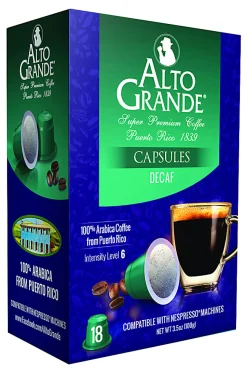 Alto Grande Single-Serve Coffee Pods, Classic Roast, Decaffeinated, Carton Of 18