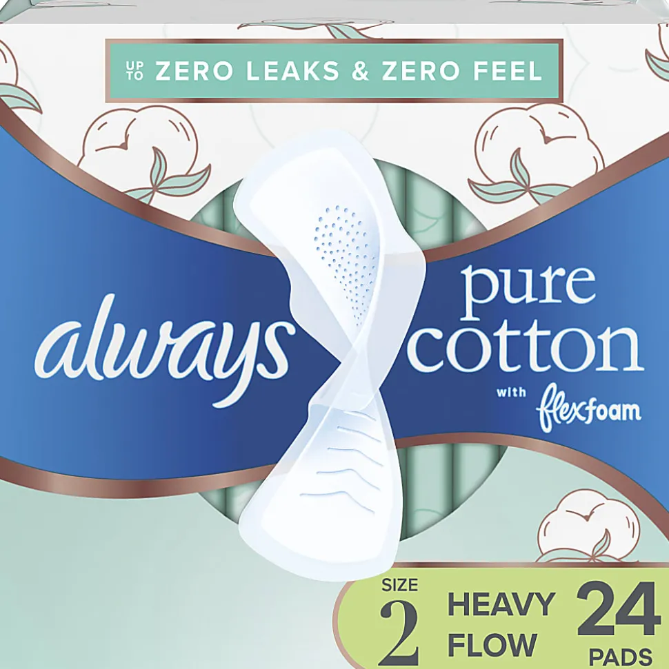 Always Pure Cotton Feminine Pads For Women With Wings, Size 2, Heavy, Unscented, 24 Pads Per Pack, Case Of 3 Packs