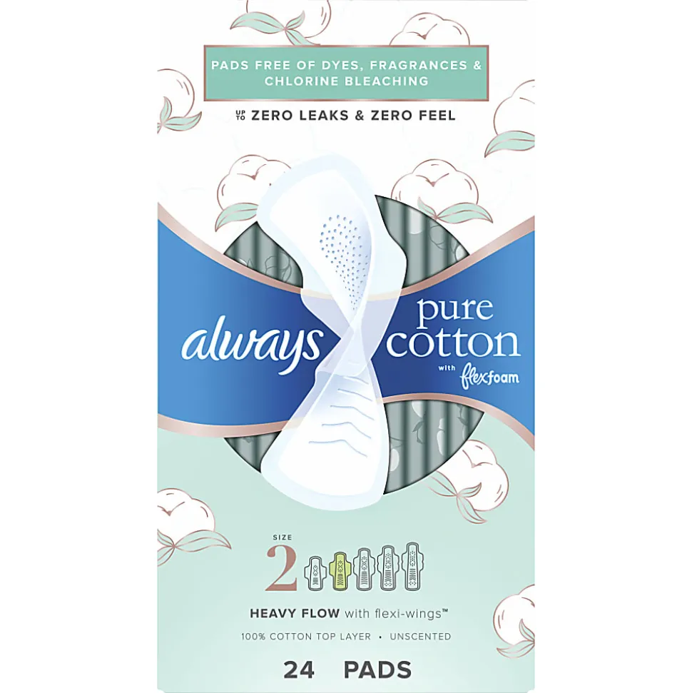 Always Pure Cotton Feminine Pads For Women With Wings, Size 2, Heavy, Unscented, 24 Pads Per Pack, Case Of 3 Packs