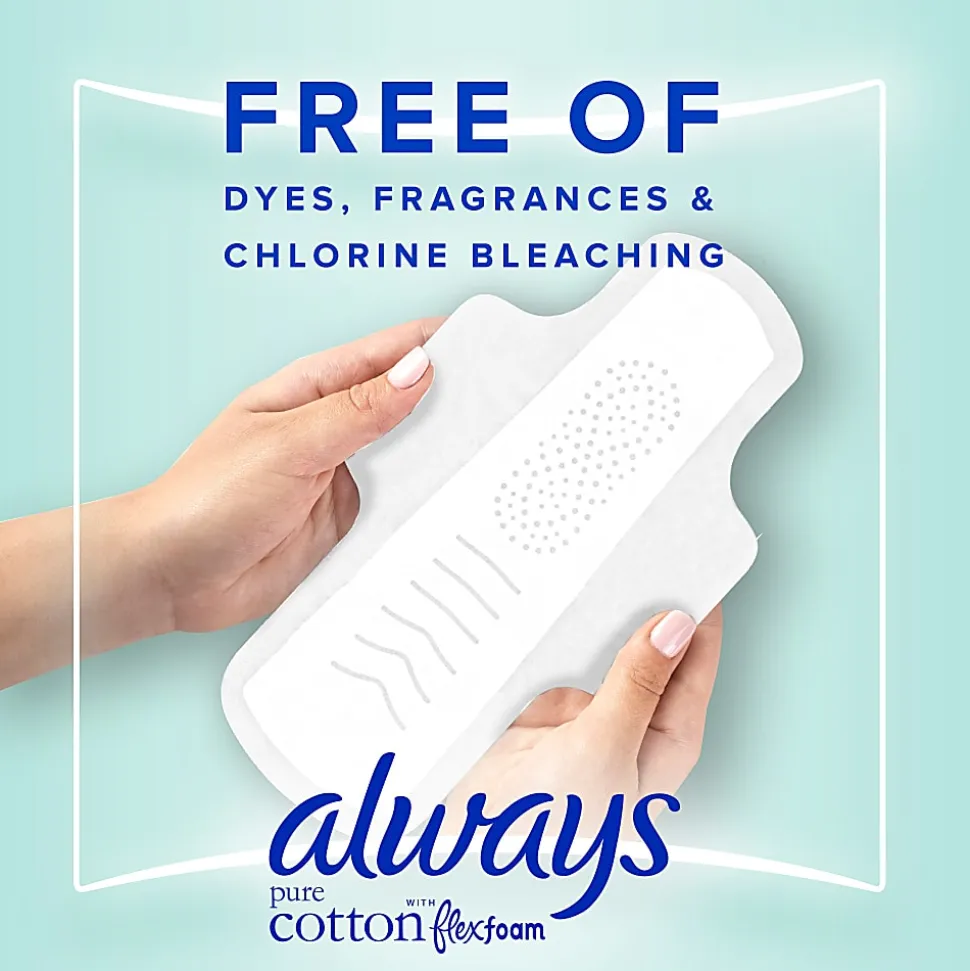 Always Pure Cotton Feminine Pads For Women With Wings, Size 2, Heavy, Unscented, 24 Pads Per Pack, Case Of 3 Packs