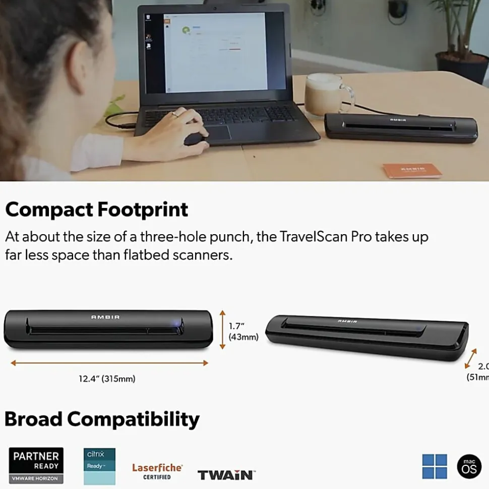 Ambir TravelScan Pro Portable Document Scanner - 48 bit Color - 8 bit Grayscale - 600 dpi - USB