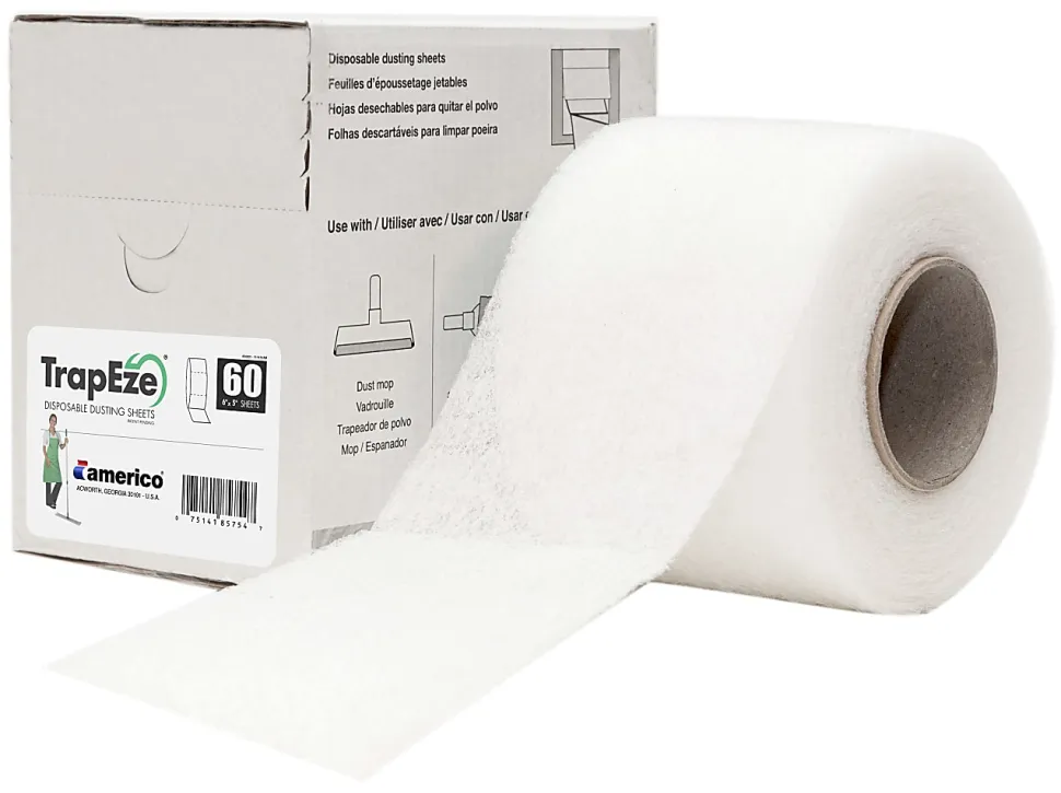 Americo® TrapEze® Disposable Dusting Sheets, 6" x 5" Perforated Sheets, Constructed from 70% Post Consumer Recycled PET, White, 60 Sheet per Box