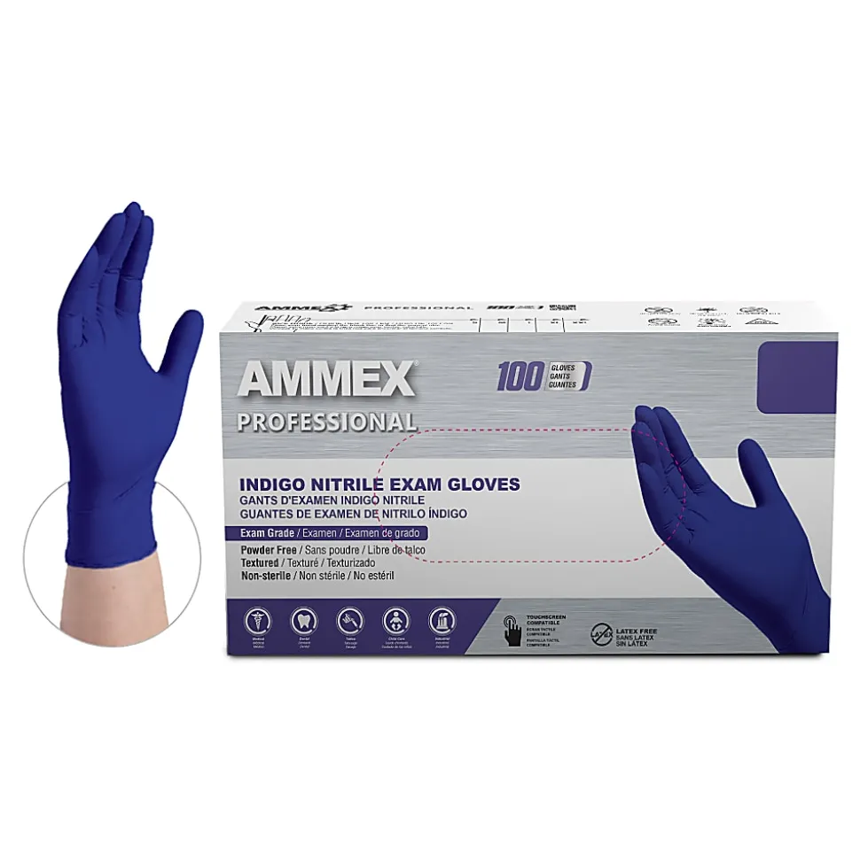 Ammex Professional Indigo Disposable Powder-Free Nitrile Exam Gloves, X-Large, Box Of 100 Gloves