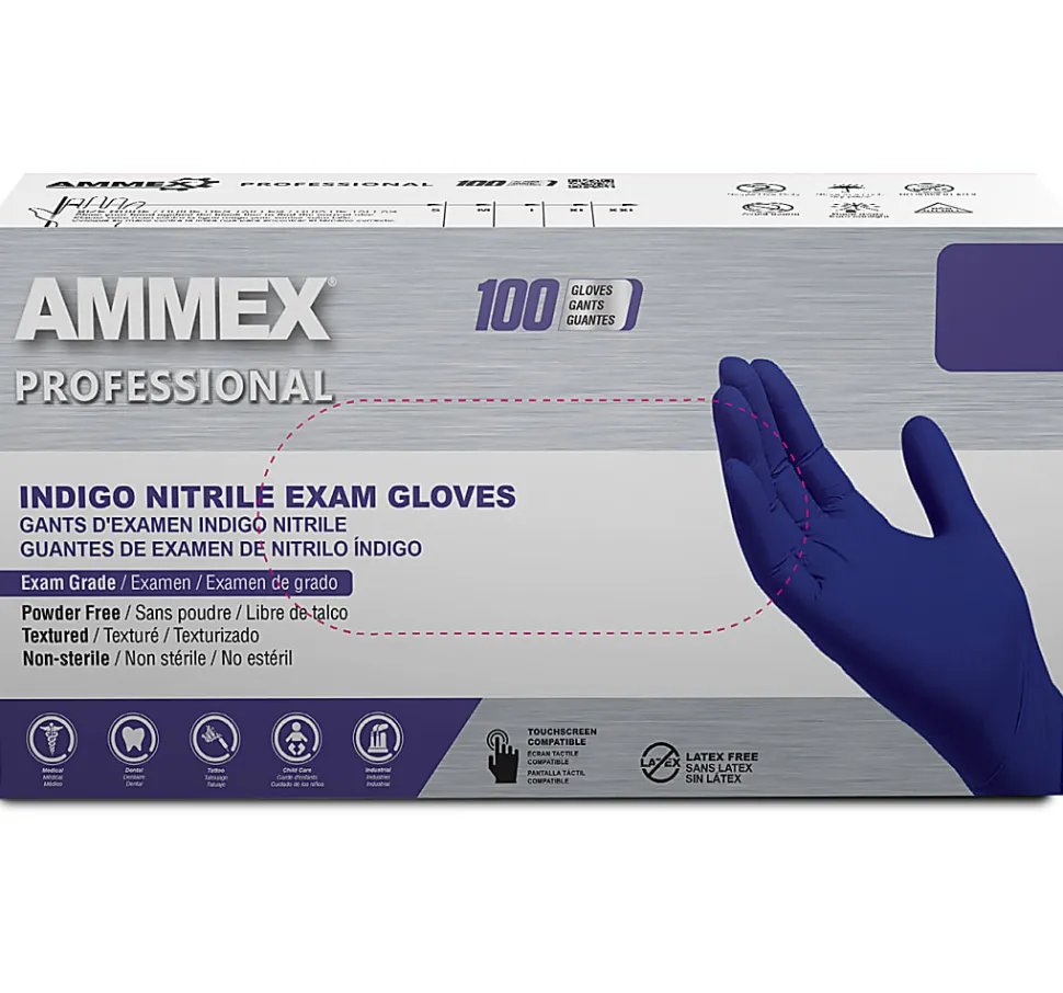 Ammex Professional Indigo Disposable Powder-Free Nitrile Exam Gloves, X-Large, Box Of 100 Gloves