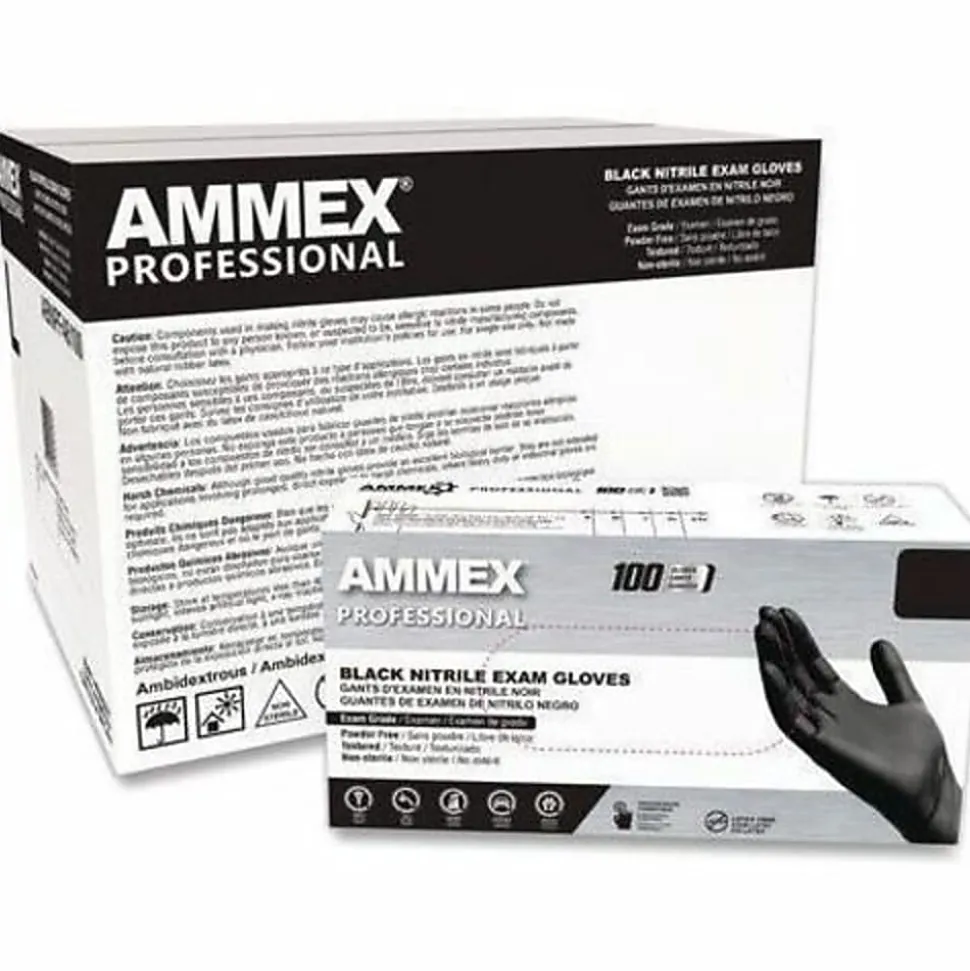 Ammex Professional Powder-Free Exam-Grade Nitrile Gloves, Medium, Black, Box Of 100 Gloves