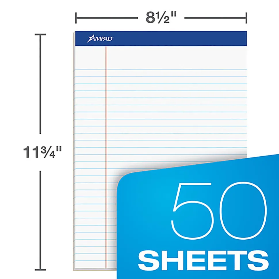 Ampad Basic Micro Perforated Writing Pads, 50 Sheets, Stapled, Wide Ruled, 8 1/2" x 11 3/4", White Paper, Pack Of 12