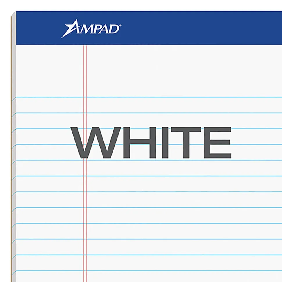 Ampad Basic Micro Perforated Writing Pads, 50 Sheets, Stapled, Wide Ruled, 8 1/2" x 11 3/4", White Paper, Pack Of 12