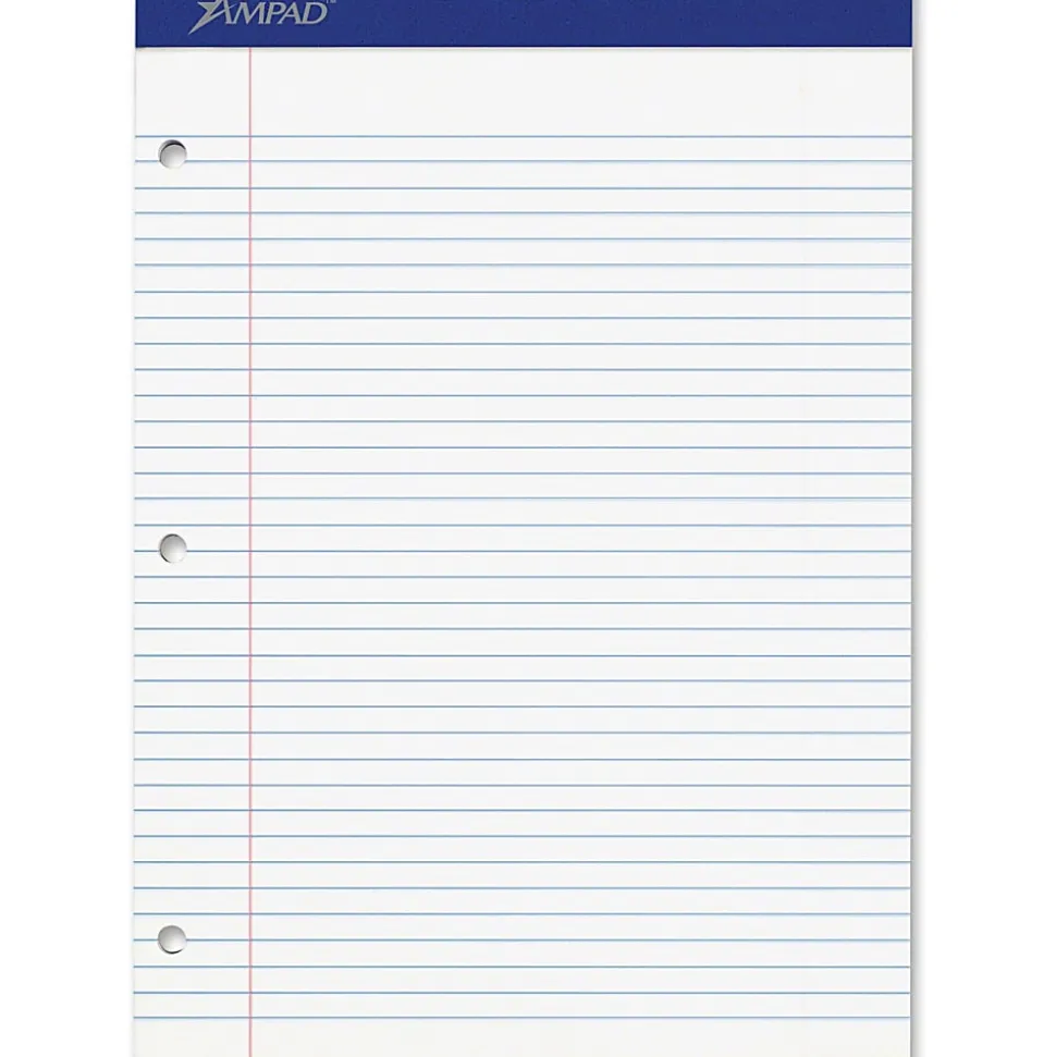 Ampad Perforated 3 Hole Punched Ruled Double Sheet Pad, Letter Size, 100 Sheets, White
