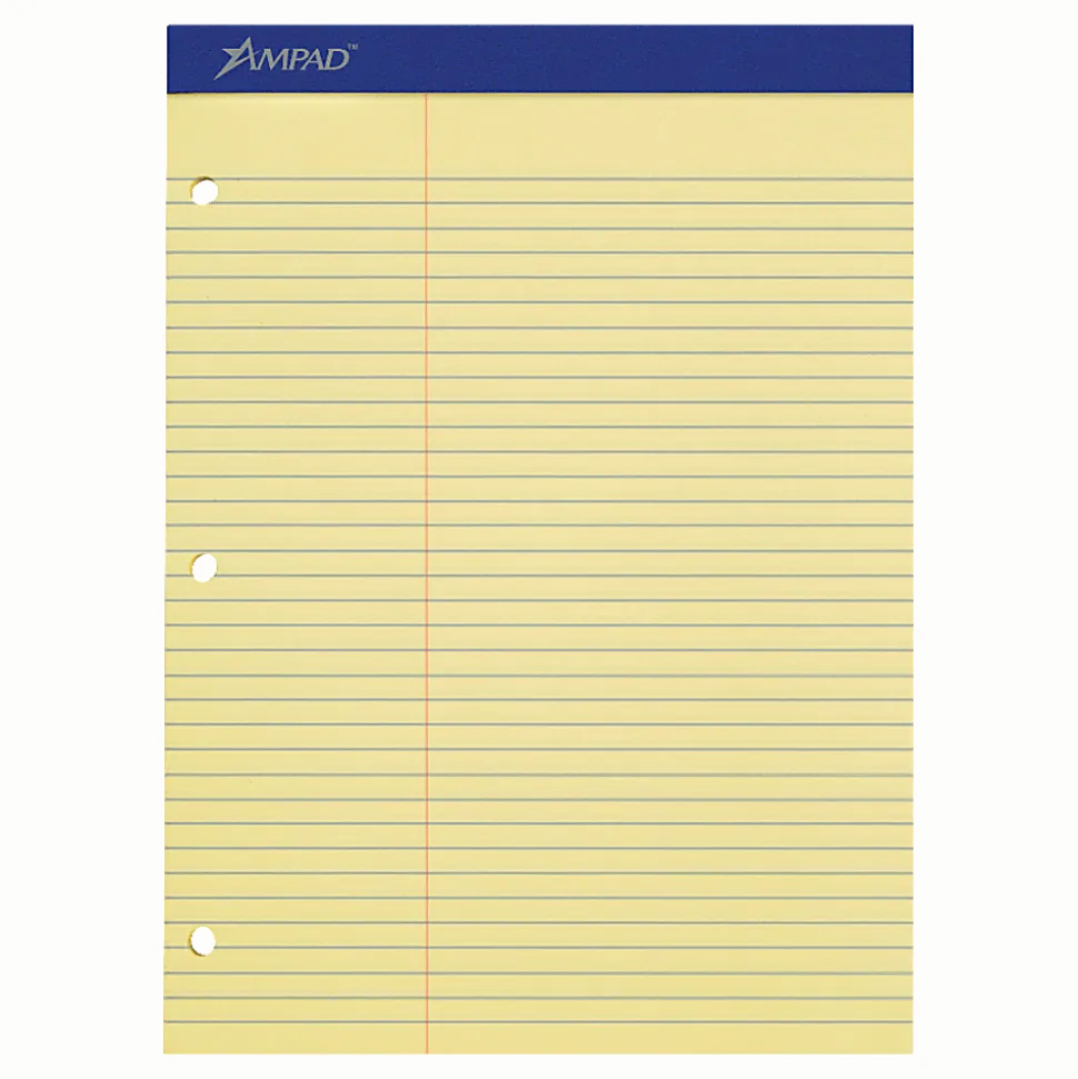 Ampad® Perforated 3-Hole Punched Dual Writing Pad, Law Rule, 8 1/2" x 11 3/4", Canary, 100 Sheets