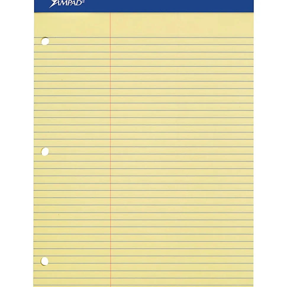 Ampad® Perforated 3-Hole Punched Dual Writing Pad, Law Rule, 8 1/2" x 11 3/4", Canary, 100 Sheets