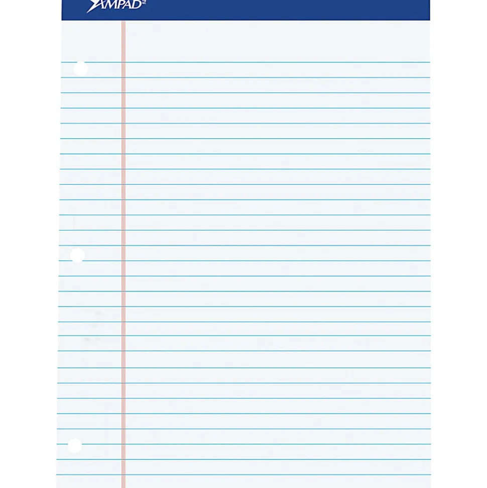 Ampad® Perforated 3-Hole Punched Dual Writing Pad, Legal Wide Rule, 8 1/2" x 11 3/4", White, 100 Sheets