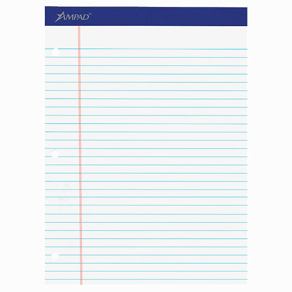 Ampad® Perforated 3-Hole Punched Dual Writing Pad, Legal Wide Rule, 8 1/2" x 11 3/4", White, 100 Sheets