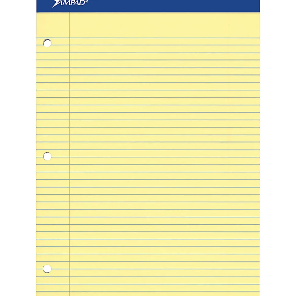 Ampad Perforated 3-Hole Punched Ruled Double Sheet Pad, Medium/College Rule, 100 Sheets, 8 1/2" x 11", Canary Yellow