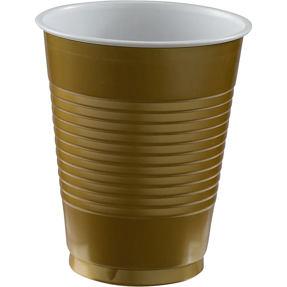 Amscan Go Brightly Plastic Cups, 18 Oz, Gold, Pack Of 16 Cups