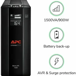 APC® Back-UPS® Pro BX Compact Tower Uninterruptible Power Supply, 10 Outlets, 1,500VA/900 Watts, BX1500M