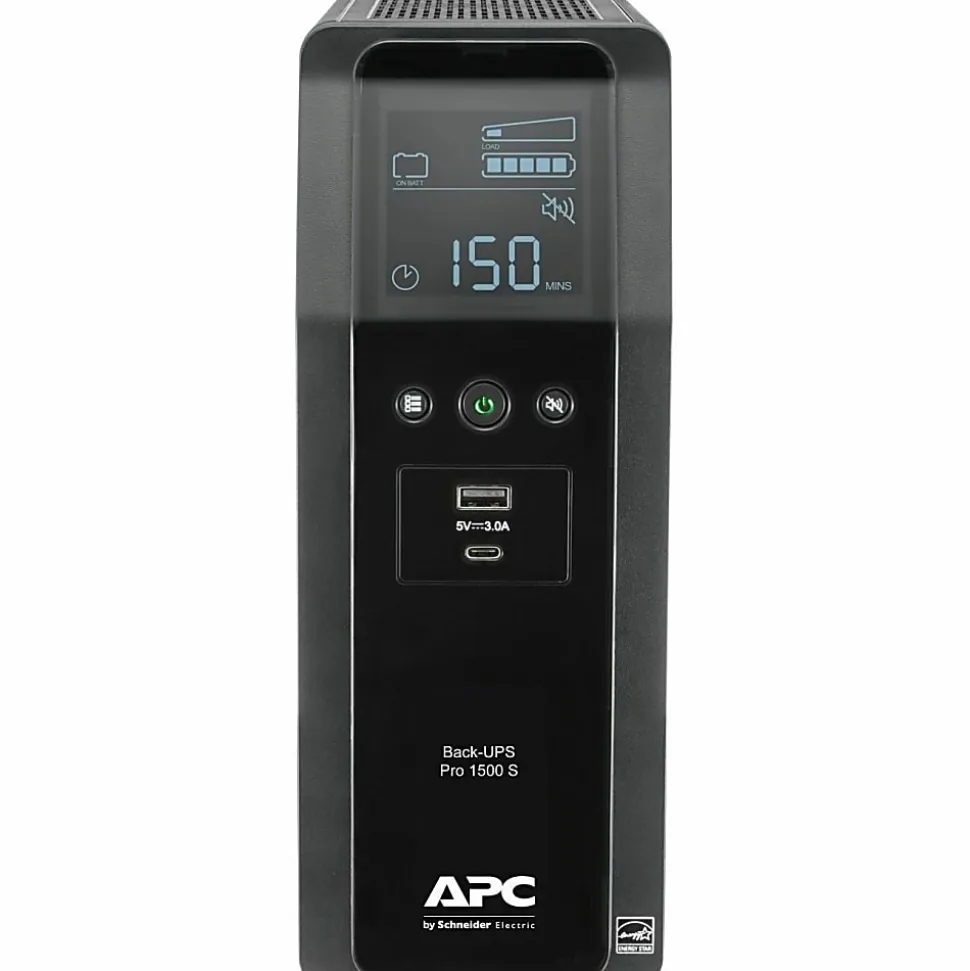 APC® Back-UPS Pro 10-Outlet/2-USB 1,500-Volt-Ampere Battery Back-Up And Surge Protector, Black, APNBR1500MS2
