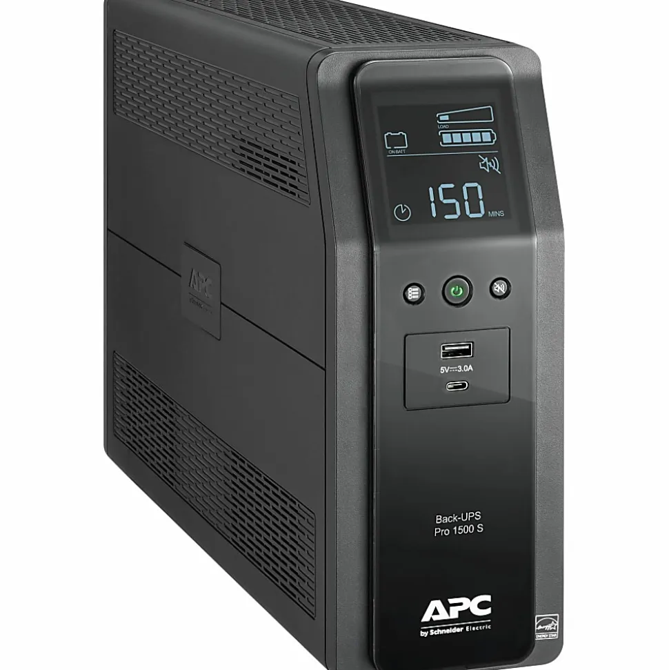 APC® Back-UPS Pro 10-Outlet/2-USB 1,500-Volt-Ampere Battery Back-Up And Surge Protector, Black, APNBR1500MS2