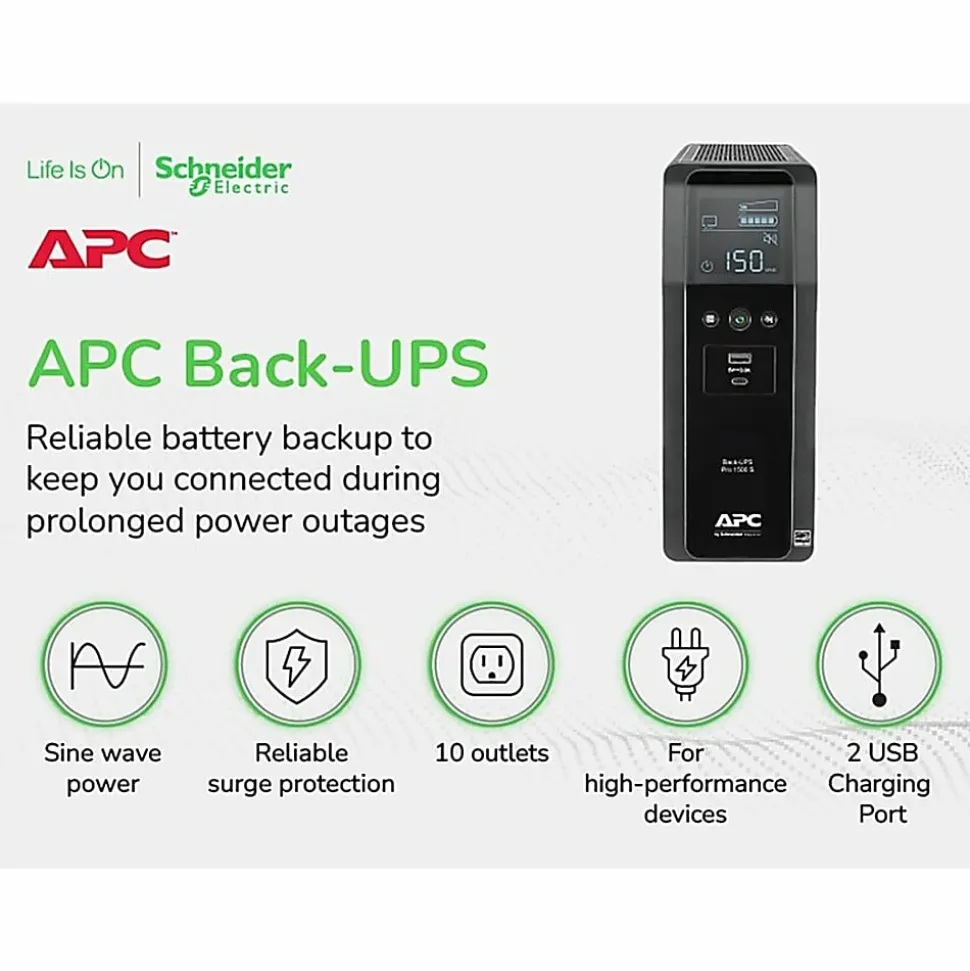 APC® Back-UPS Pro 10-Outlet/2-USB 1,500-Volt-Ampere Battery Back-Up And Surge Protector, Black, APNBR1500MS2