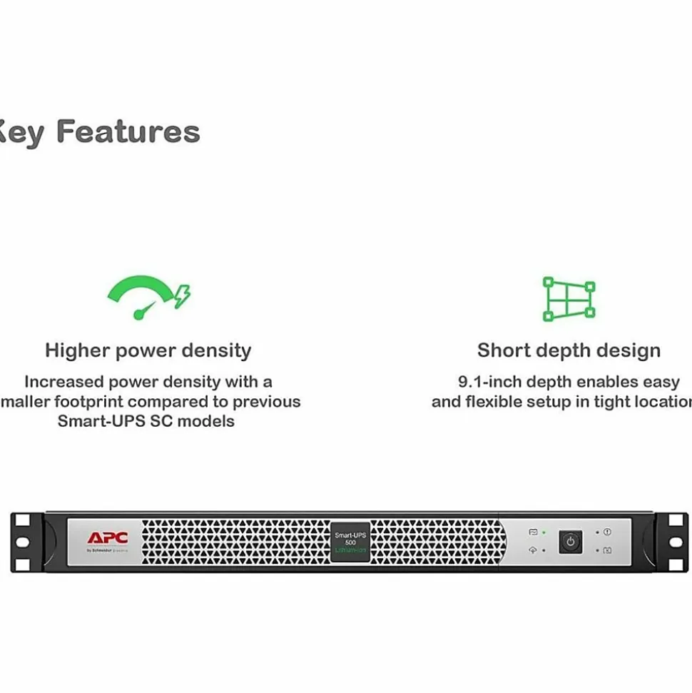 APC Smart-UPS, Line Interactive, 500VA, Lithium-ion, Rackmount 1U, 120V, 4x NEMA 5-15R outlets, SmartConnect Port, Short Depth - SCL500RM1UC