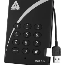 Apricorn Aegis Padlock 500GB External USB 3.0 Hard Drive, Black, A25-3PL256-500