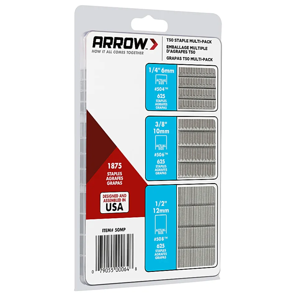 Arrow T50 Heavy-Duty Staples, Assorted Leg Lengths, Pack Of 1,875 Staples