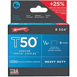 Arrow 50424 T50 Staples, #504, 1/4"L x 3/8"W, Silver, Box Of 1,250 Staples