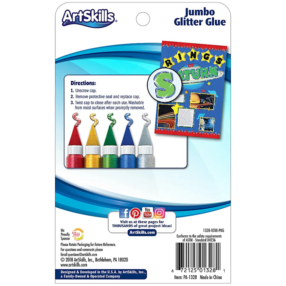 ArtSkills® Jumbo Glitter Glue, Assorted Classic Colors, Pack of 5