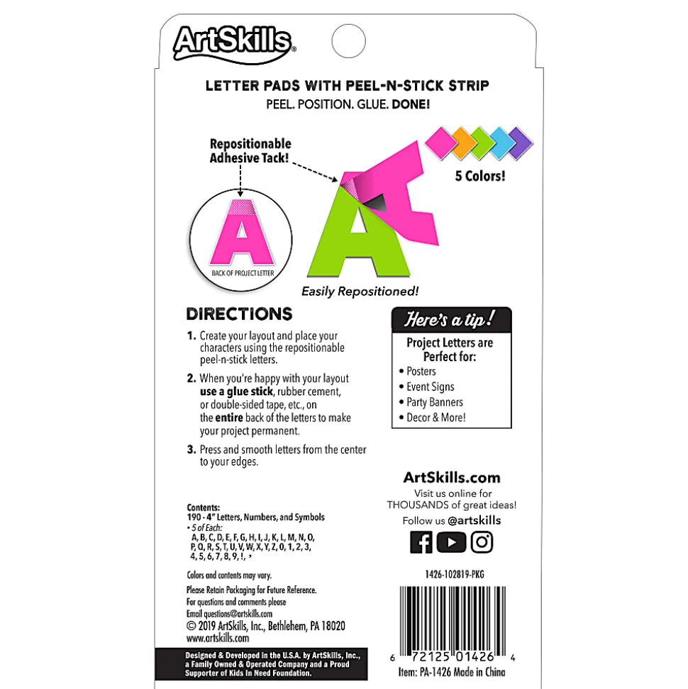 ArtSkills® 100% Recycled Quick Letters, 4", Assorted Colors, Pack Of 180