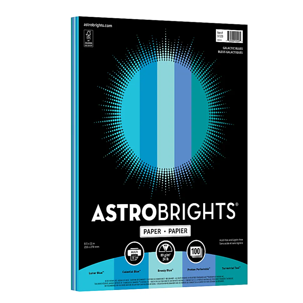 Astrobrights Color Laser Paper, Galactic Blues Assortment, Letter (8-1/2" x 11"), 100 Sheets Per Ream, 24 Lb, 96 Brightness