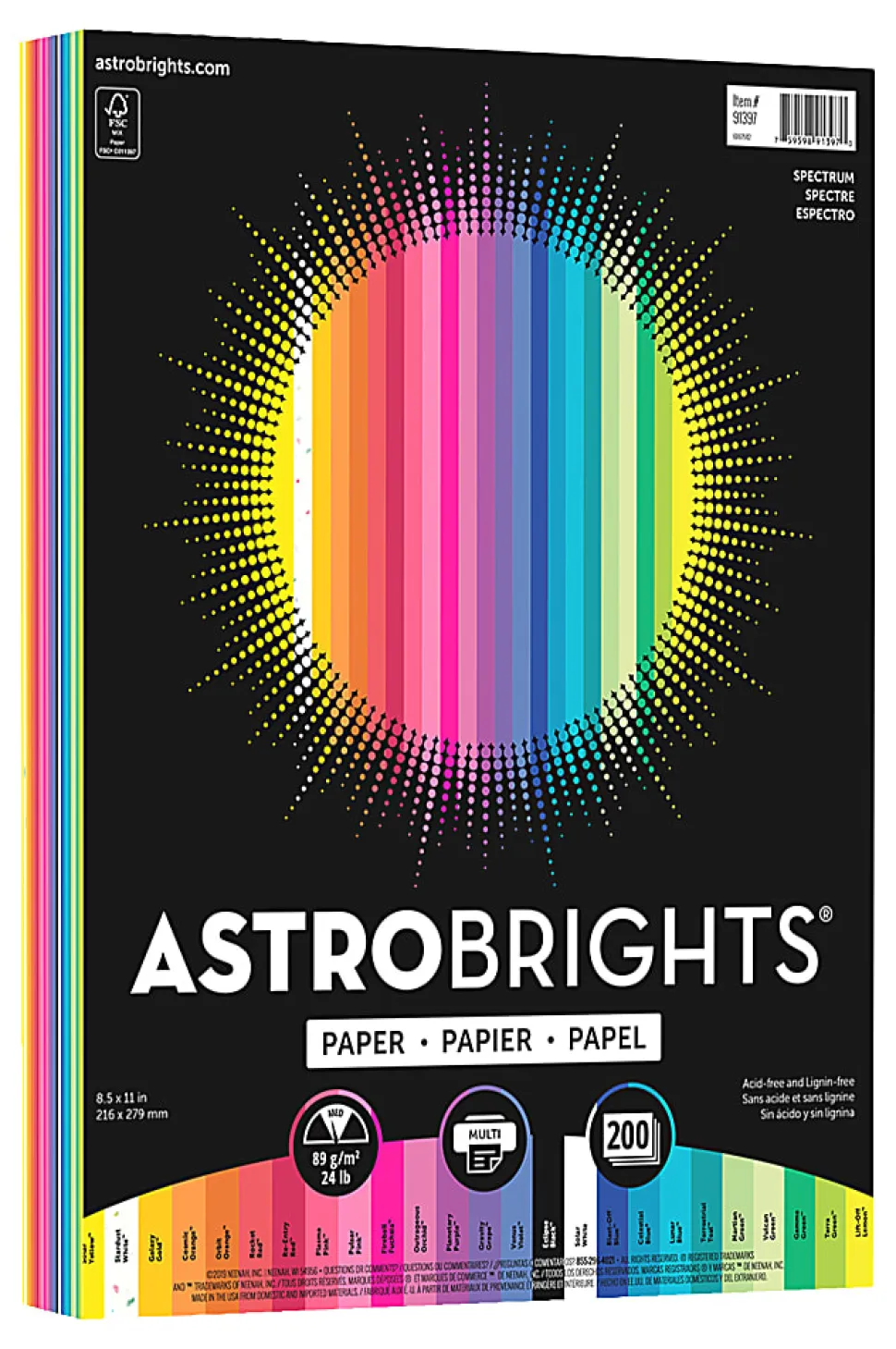 Astrobrights® Color Multi-Use Printer & Copy Paper, 1 Ream, Spectrum 25 Color Assortment, Letter (8.5"x11"), 200 Sheets Per Pack, 24 Lb, 94 Brightness