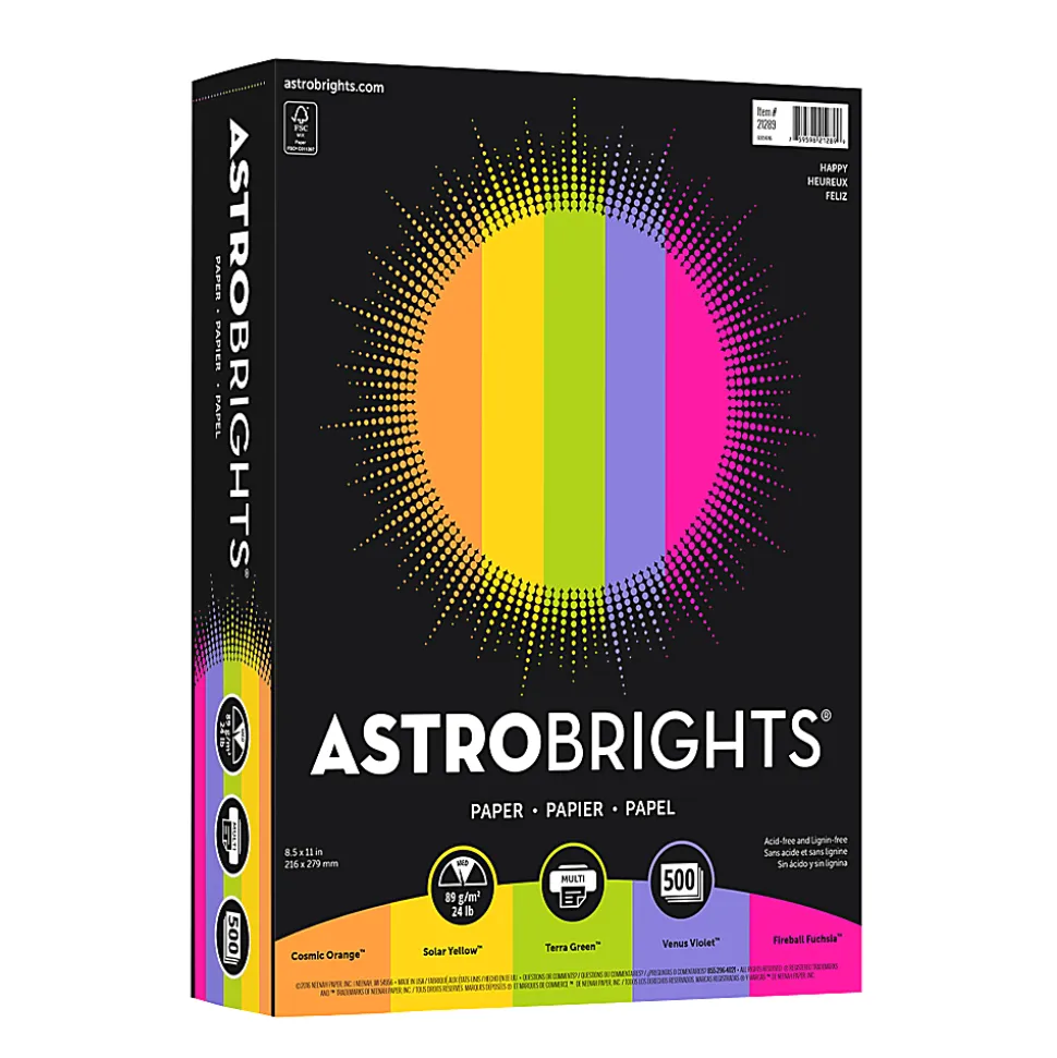 Astrobrights® Color Multi-Use Printer & Copy Paper, 1 Ream, Happy Color Assortment, Letter (8.5" x 11"), 500 Sheets Per Ream, 24 Lb, 94 Brightness