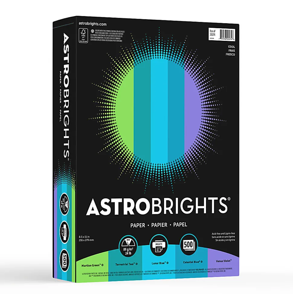 Astrobrights® Color Multi-Use Printer & Copy Paper, 1 Ream, Cool Assortment, Letter (8.5" x 11"), 500 Sheets Per Ream, 24 Lb, 94 Brightness