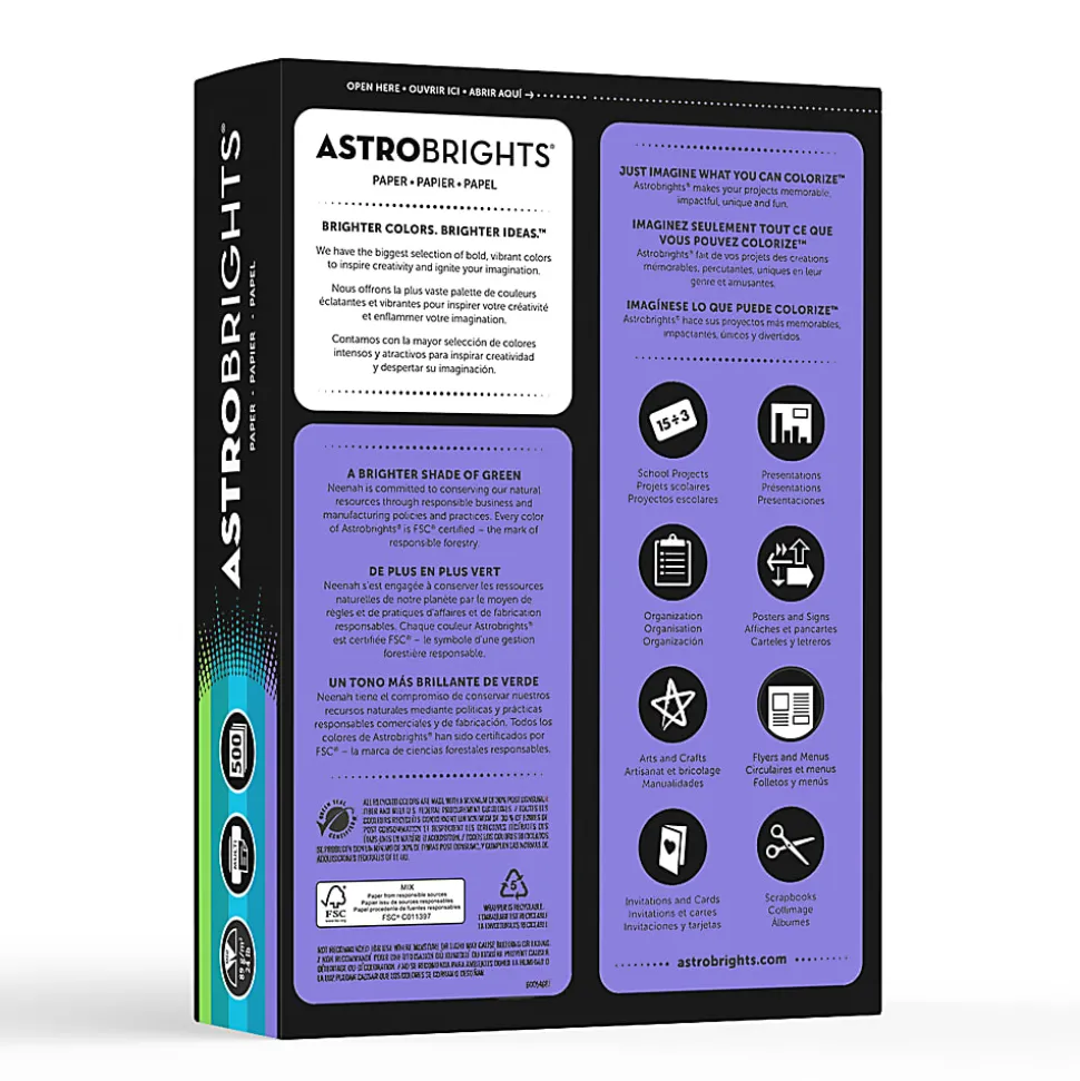 Astrobrights® Color Multi-Use Printer & Copy Paper, 1 Ream, Cool Assortment, Letter (8.5" x 11"), 500 Sheets Per Ream, 24 Lb, 94 Brightness