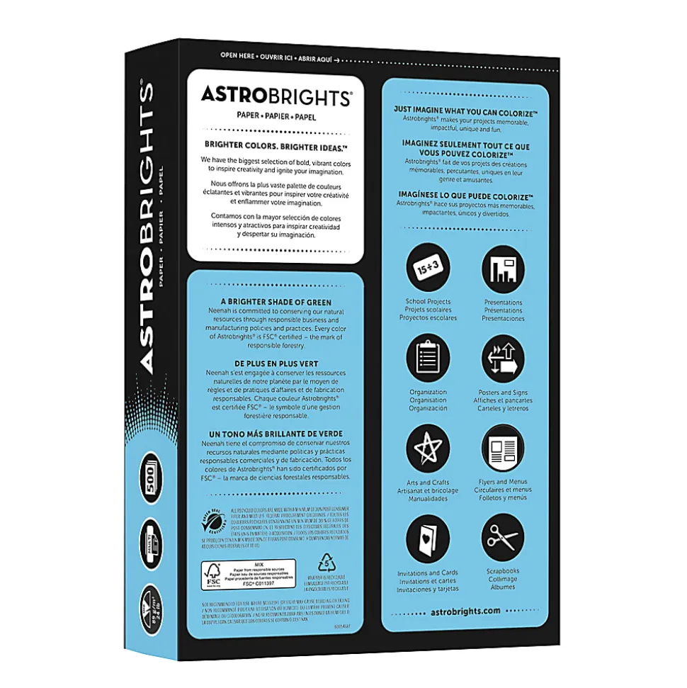 Astrobrights® Color Multi-Use Printer & Copy Paper, 1 Ream, Lunar Blue, Letter (8.5" x 11"), 500 Sheets Per Ream, 24 Lb, 94 Brightness