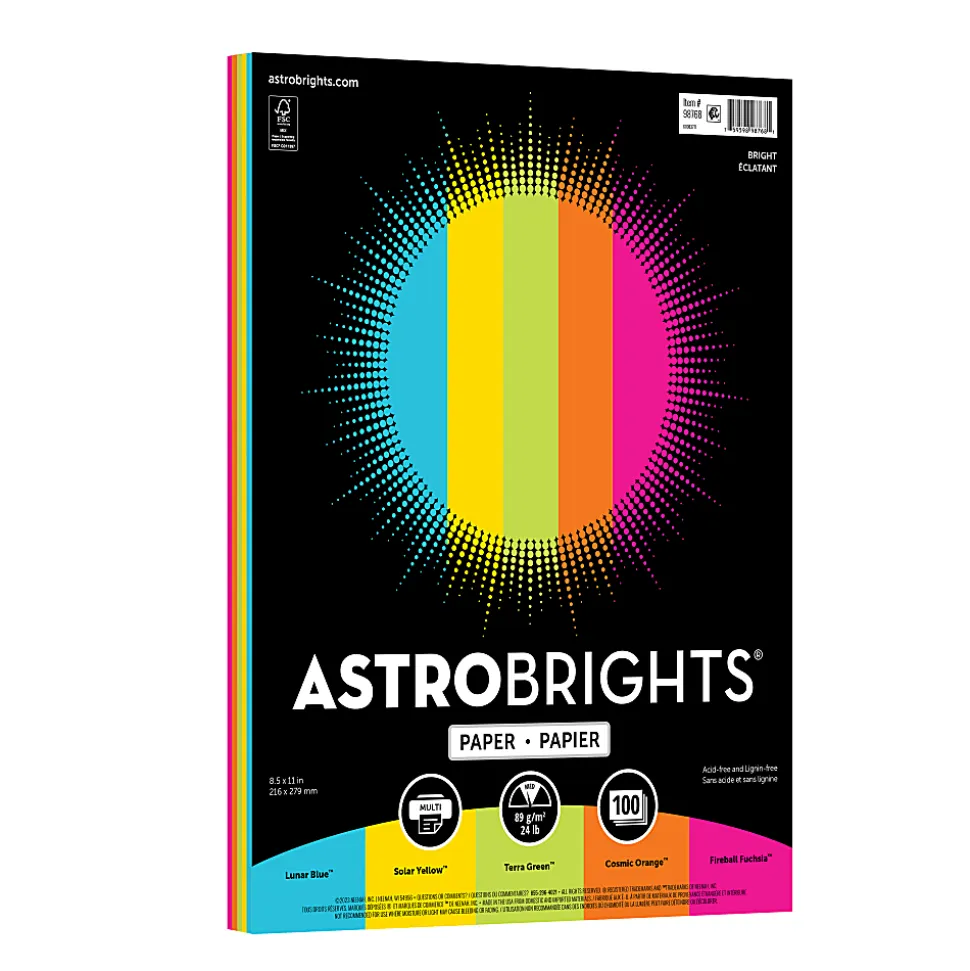 Astrobrights Color Paper, 8-1/2" x 11", Bright Assortment, Total Qty 100