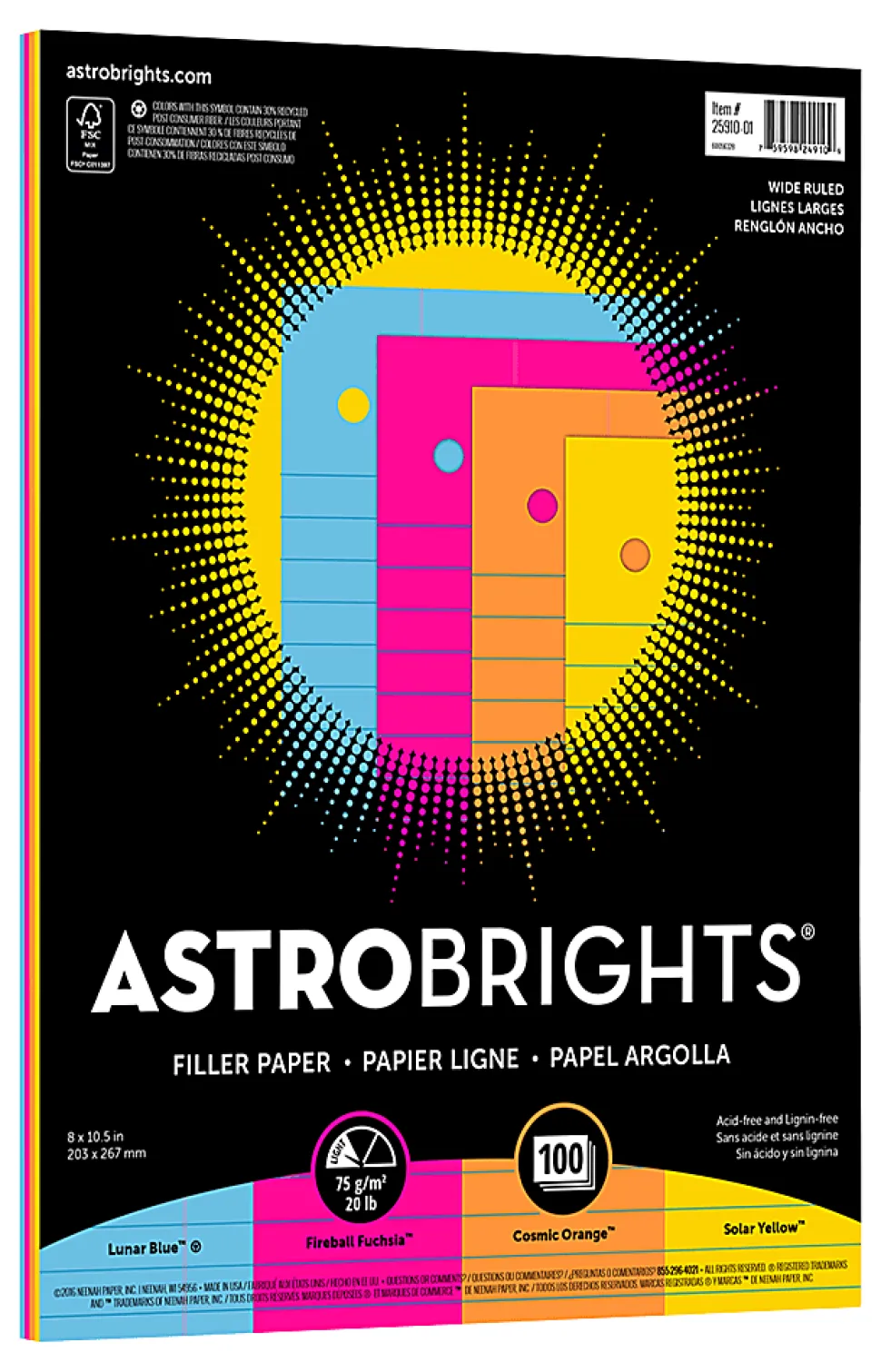 Astrobrights® Filler Paper, 8" x 10 1/2", Wide Ruled, 20 Lb, FSC® Certified, Assorted Colors, Pack Of 100 Sheets