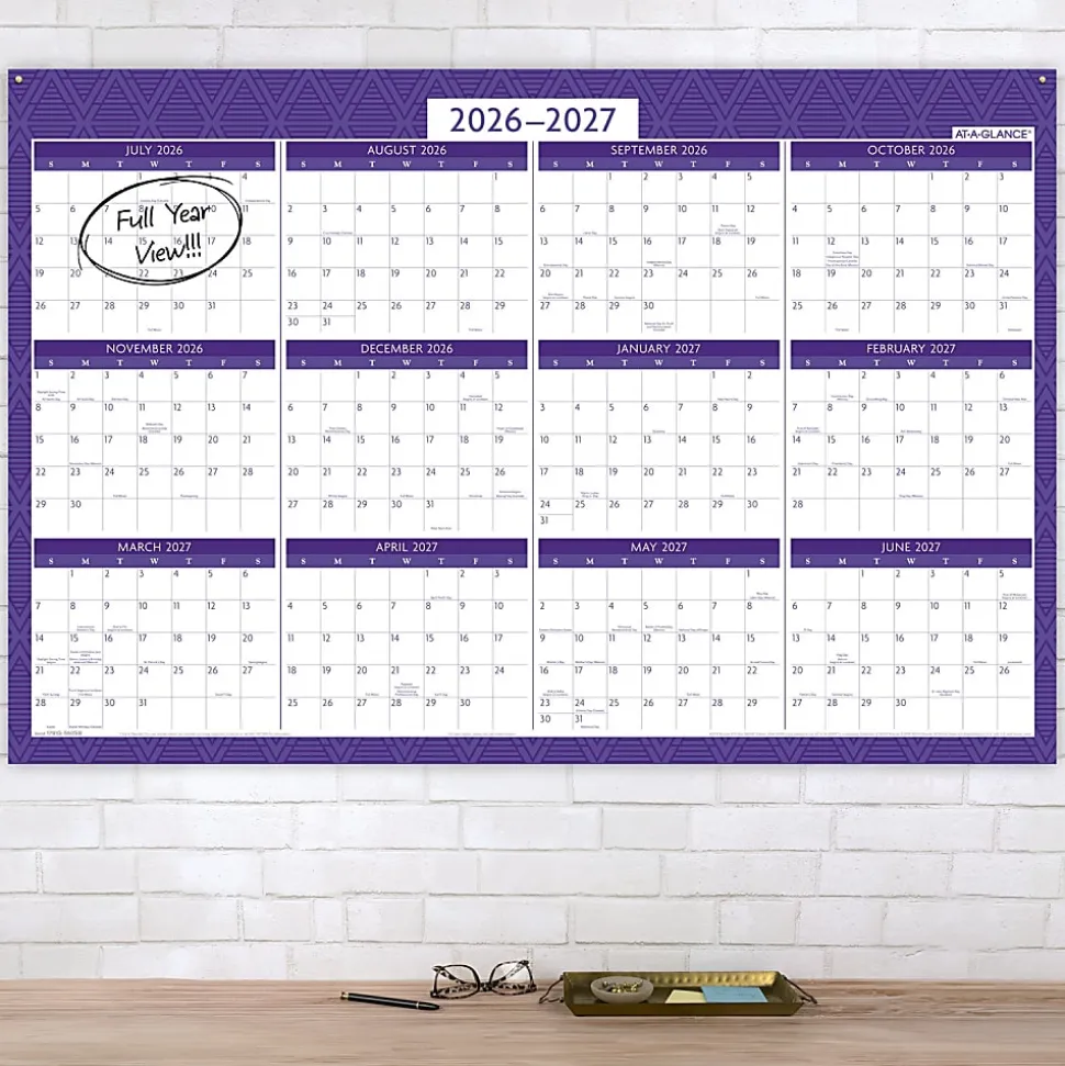 AT-A-GLANCE® BADGE Reversible Erasable Academic and Regular Year 2026-2027 Wall Calendar, Geo, Large, 24" x 36"