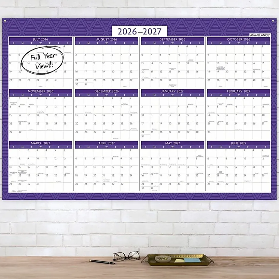 AT-A-GLANCE® BADGE Reversible Erasable Academic and Regular Year 2026-2027 Wall Calendar, Geo, Large, 24" x 36"