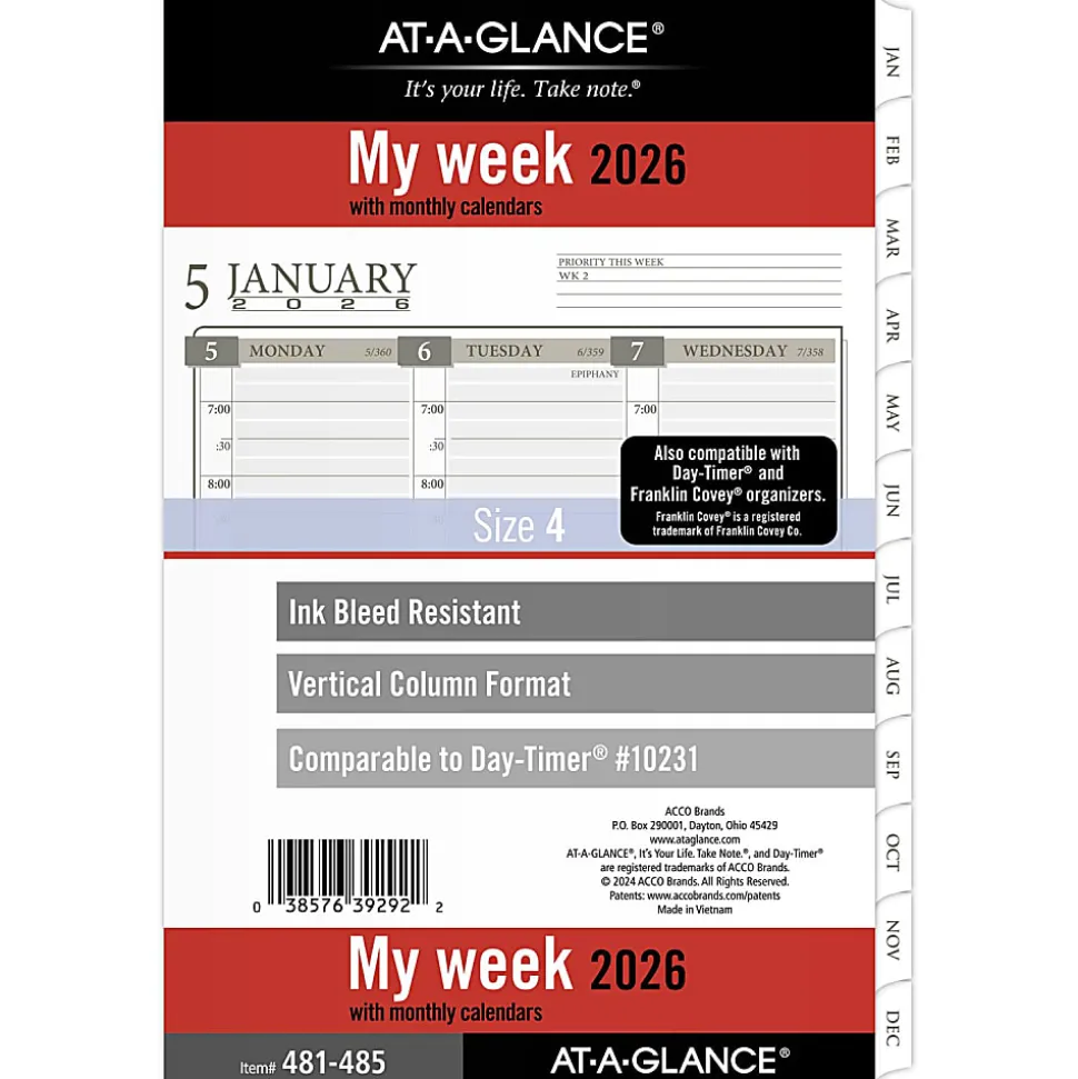 AT-A-GLANCE® 2026 Column Style Weekly Monthly Planner Refill, Loose-Leaf, Desk Size, 5 1/2" x 8 1/2"