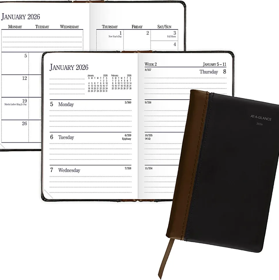 AT-A-GLANCE® Fine Diary® 2026 Weekly Monthly Diary, Black Brown, Pocket, 2 3/4" x 4 1/4"