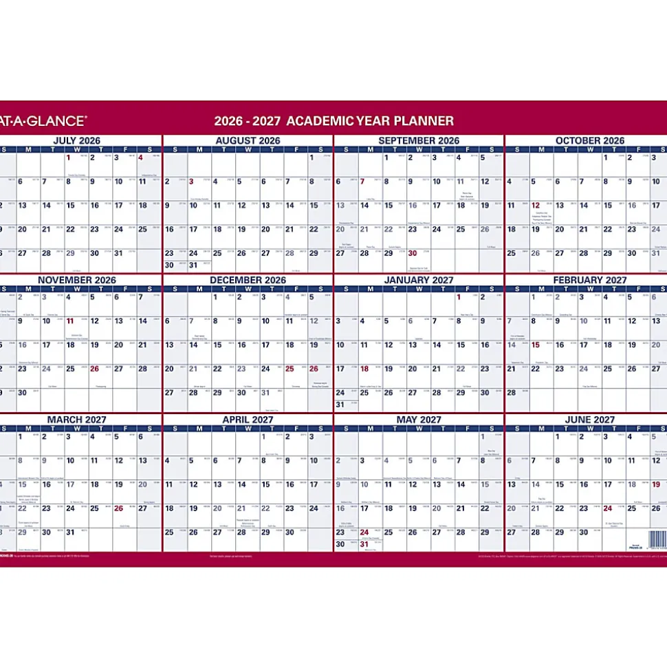 AT-A-GLANCE® Horizontal Reversible Erasable Academic and Regular Year 2026-2027 Wall Calendar, Large, 36" x 24"