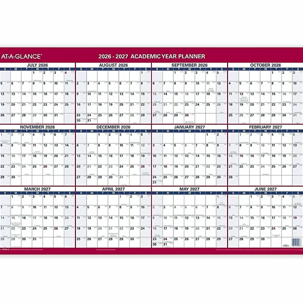 AT-A-GLANCE® Horizontal Reversible Erasable Academic and Regular Year 2026-2027 Wall Calendar, Large, 36" x 24"
