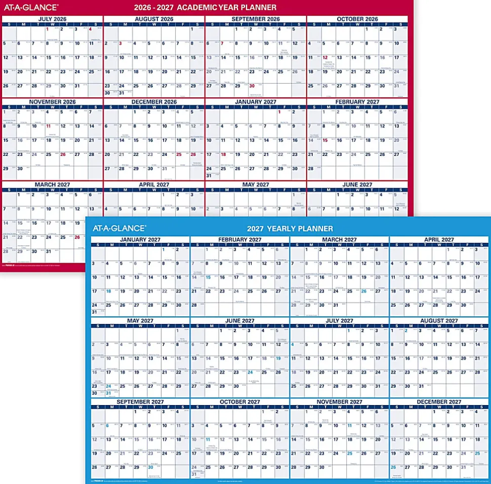 AT-A-GLANCE® Horizontal Reversible Erasable Academic and Regular Year 2026-2027 Wall Calendar, Large, 36" x 24"