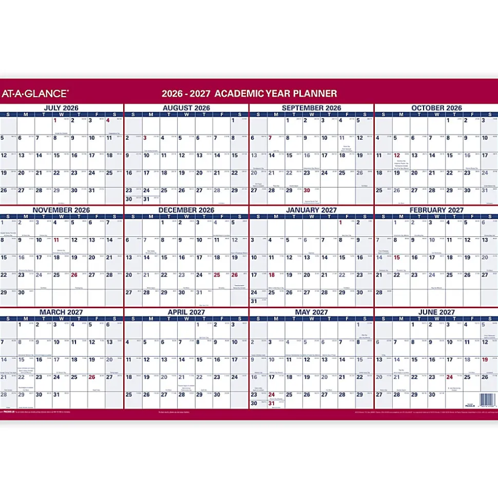AT-A-GLANCE® Horizontal Reversible Erasable Academic and Regular Year 2026-2027 Wall Calendar, Large, 36" x 24"