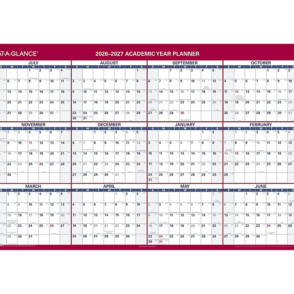 AT-A-GLANCE® Horizontal Reversible Erasable Academic and Regular Year 2026-2027 Wall Calendar, Extra Large, 48" x 32"