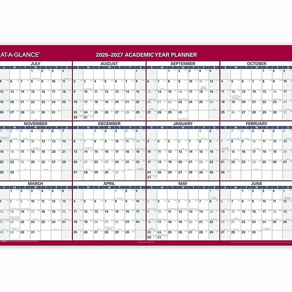 AT-A-GLANCE® Horizontal Reversible Erasable Academic and Regular Year 2026-2027 Wall Calendar, Extra Large, 48" x 32"