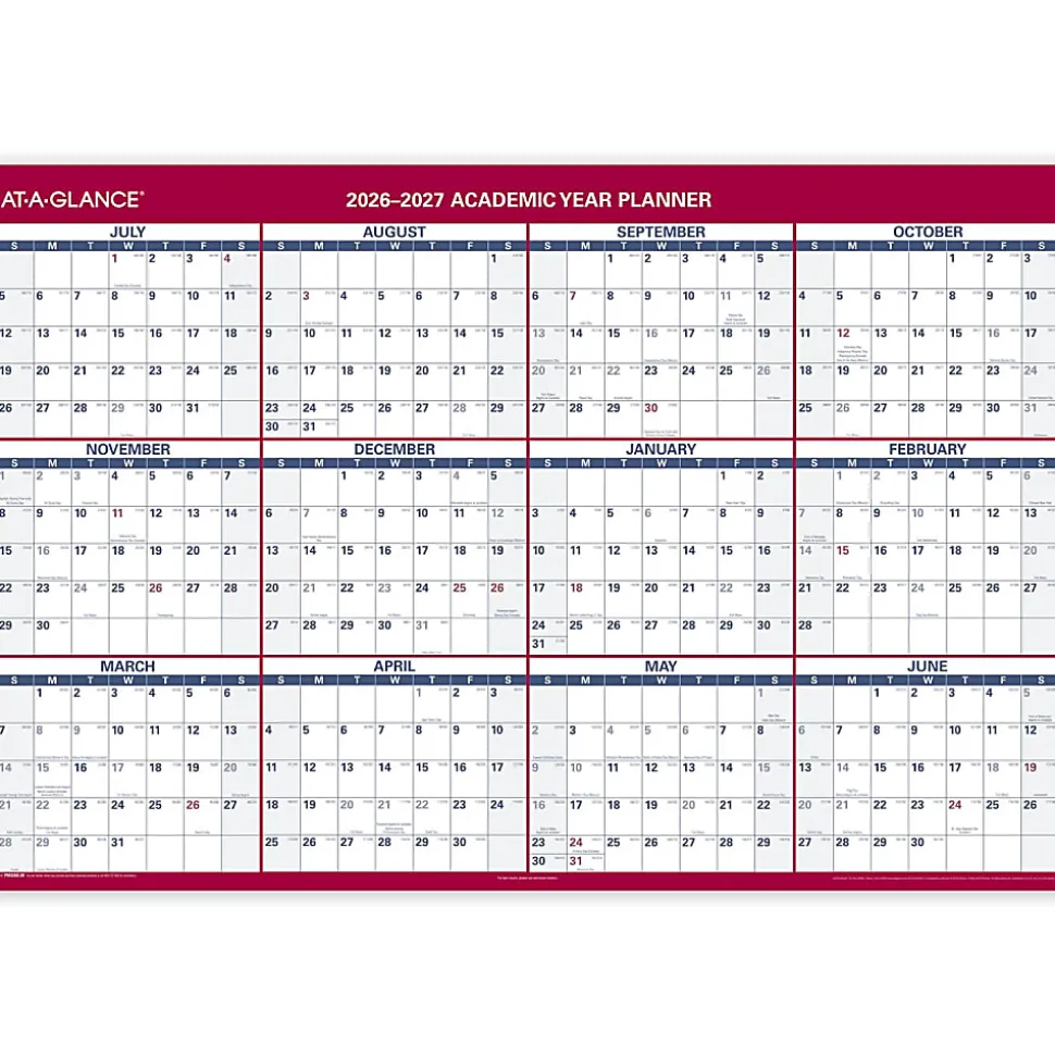 AT-A-GLANCE® Horizontal Reversible Erasable Academic and Regular Year 2026-2027 Wall Calendar, Extra Large, 48" x 32"